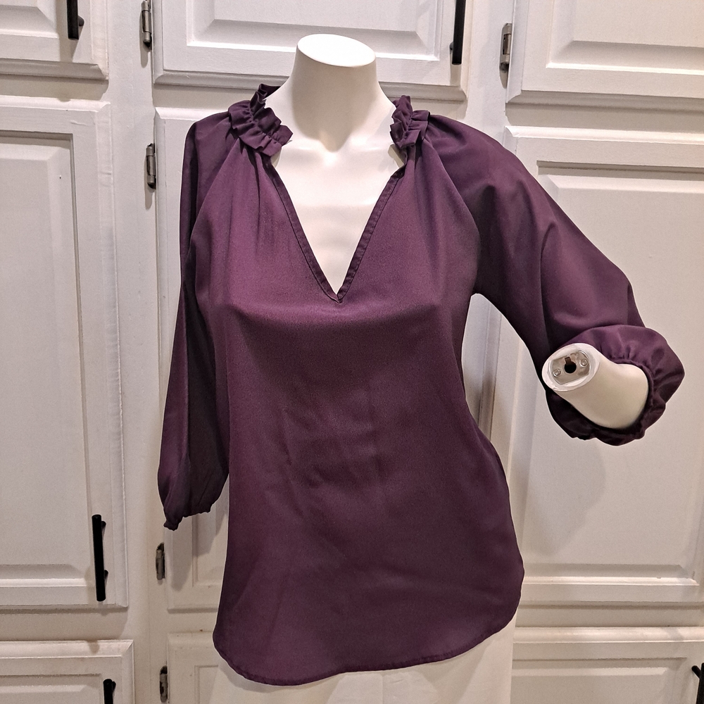 Renee C. Deep Purple Ruffked V-Neck Blouse With Balloon Sleeve